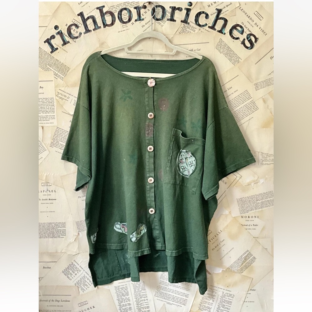 Blue Fish Top  Block Print Button Front Hi Lo Poocket Green 1990's